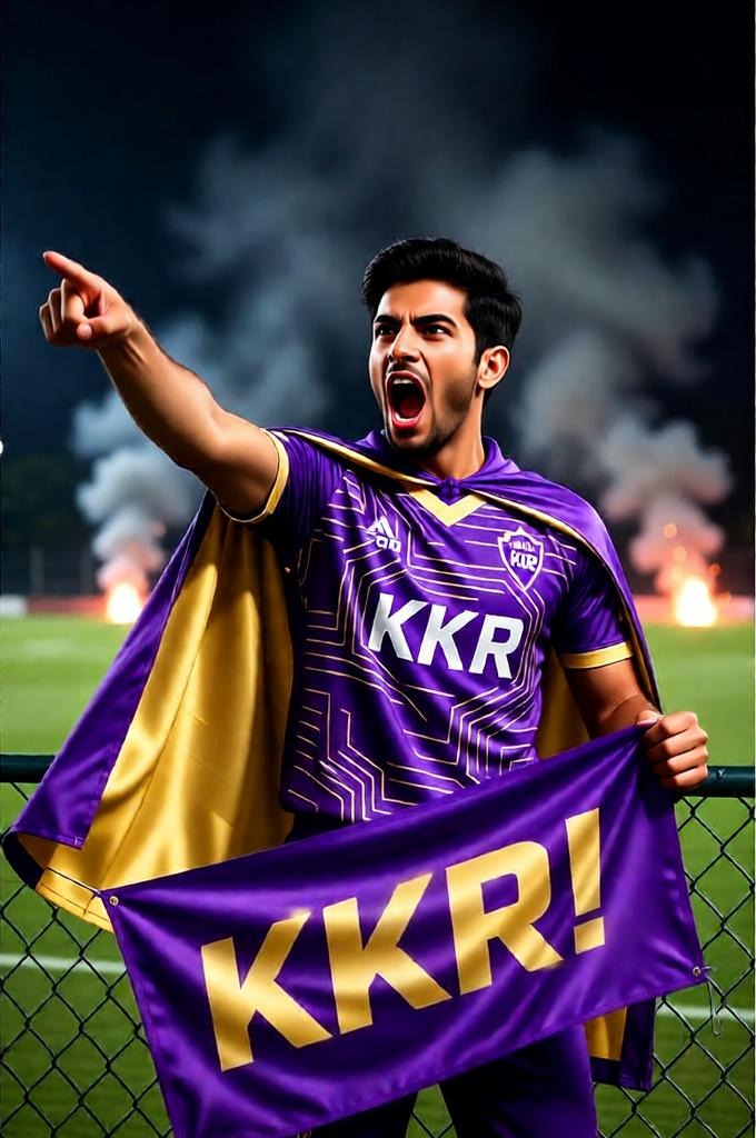 A KKR fan waves a flag and shouts from the stands at Eden Gardens at night.