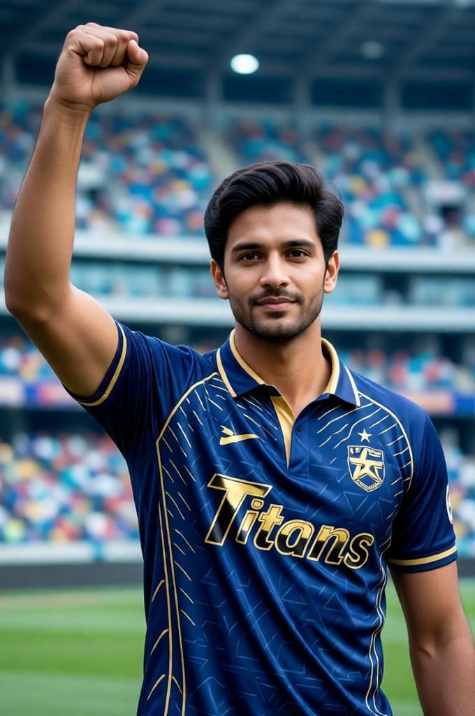 A Gujarat Titans fan raises his fist confidently in a packed Narendra Modi Stadium.