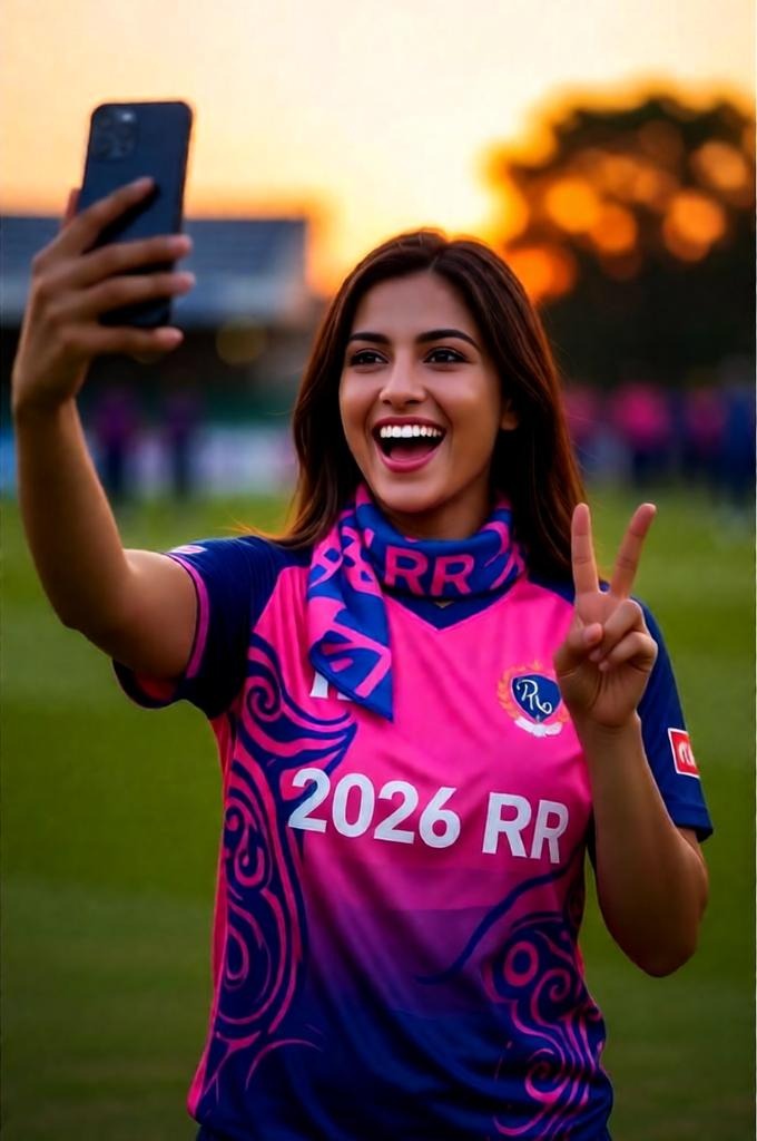 A Rajasthan Royals fan takes a selfie in a pink-blue jersey during a sunset stadium moment.