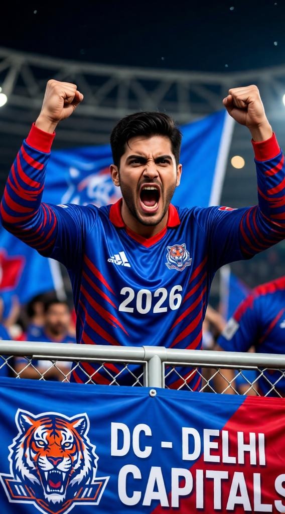 A Delhi Capitals fan shouts passionately over the boundary fence under bright stadium lights.