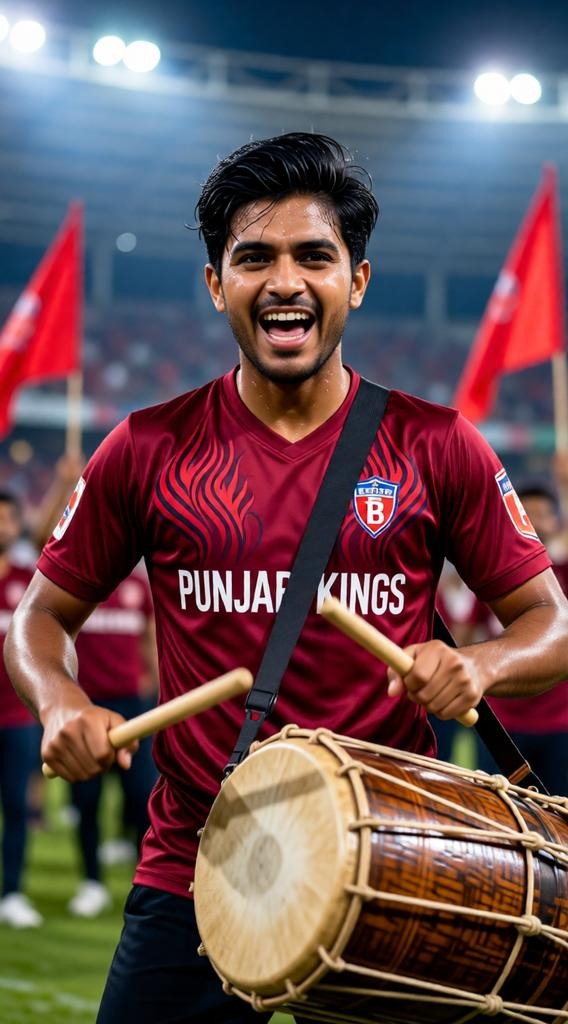 A Punjab Kings fan plays a dhol drum in a stadium filled with red flags and crowd energy.