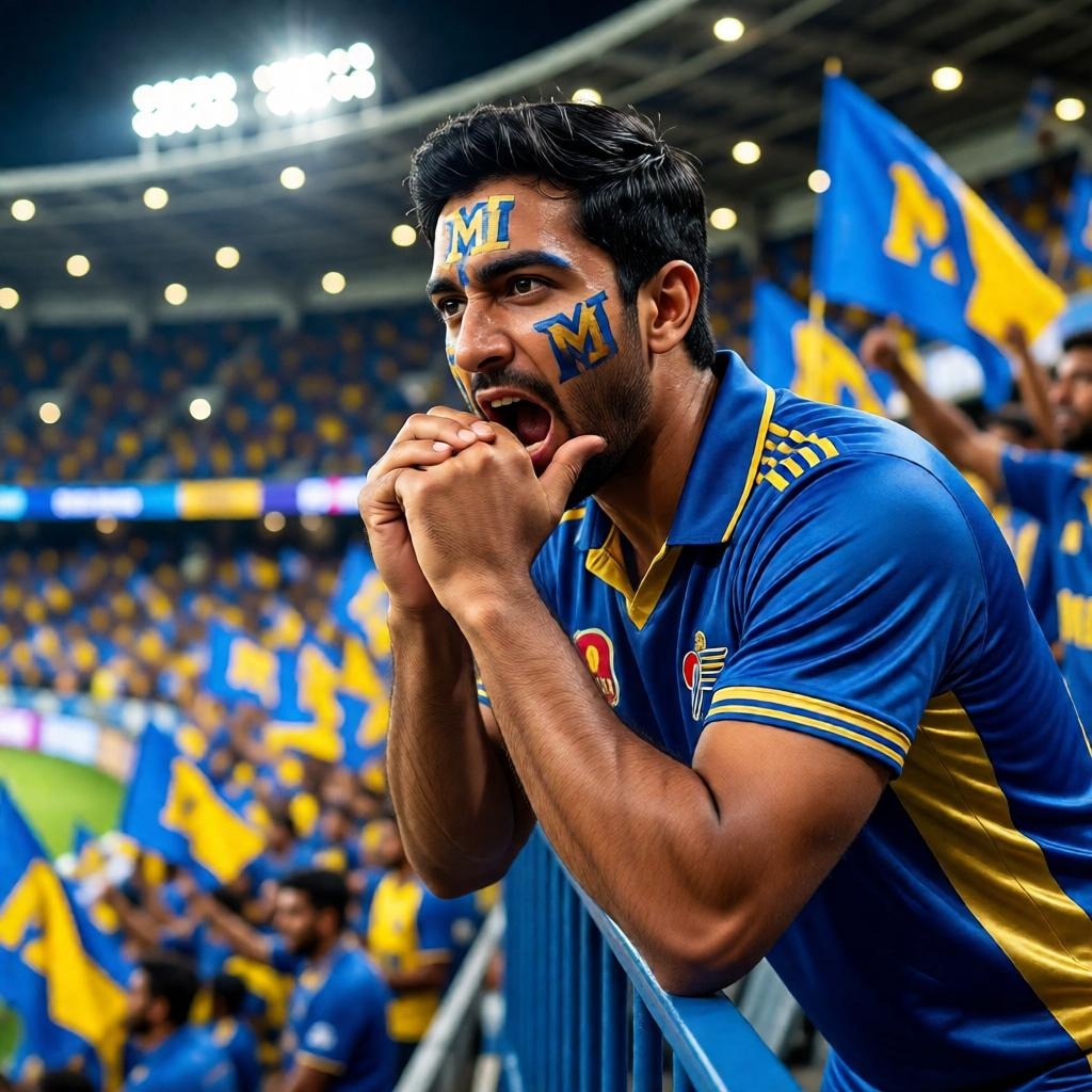 A Mumbai Indians fan whistles loudly with face paint in a crowded Wankhede Stadium night match.