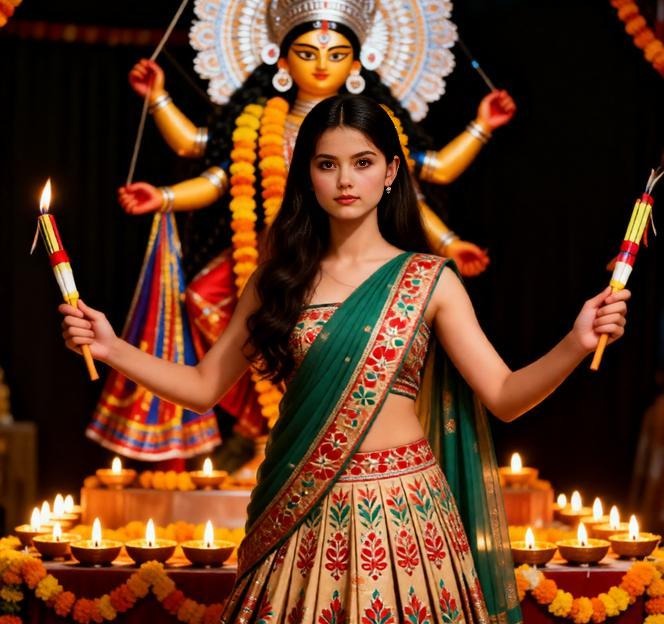 Young Indian woman posing with dandiya sticks in a Navratri pandal.