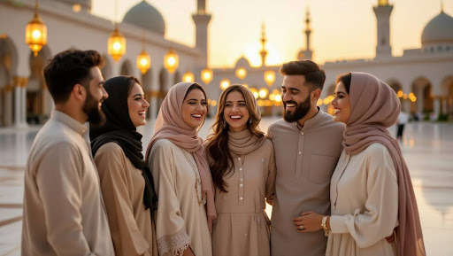 Friends in neutral modest outfits posing in mosque courtyard.