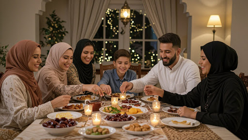 Family gathered around iftar table with festive decorations.