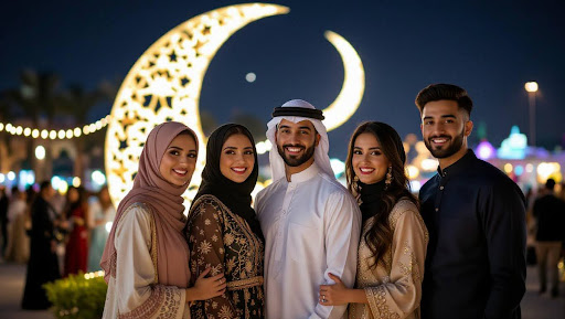 Group of young adults under crescent moon event lights at night.