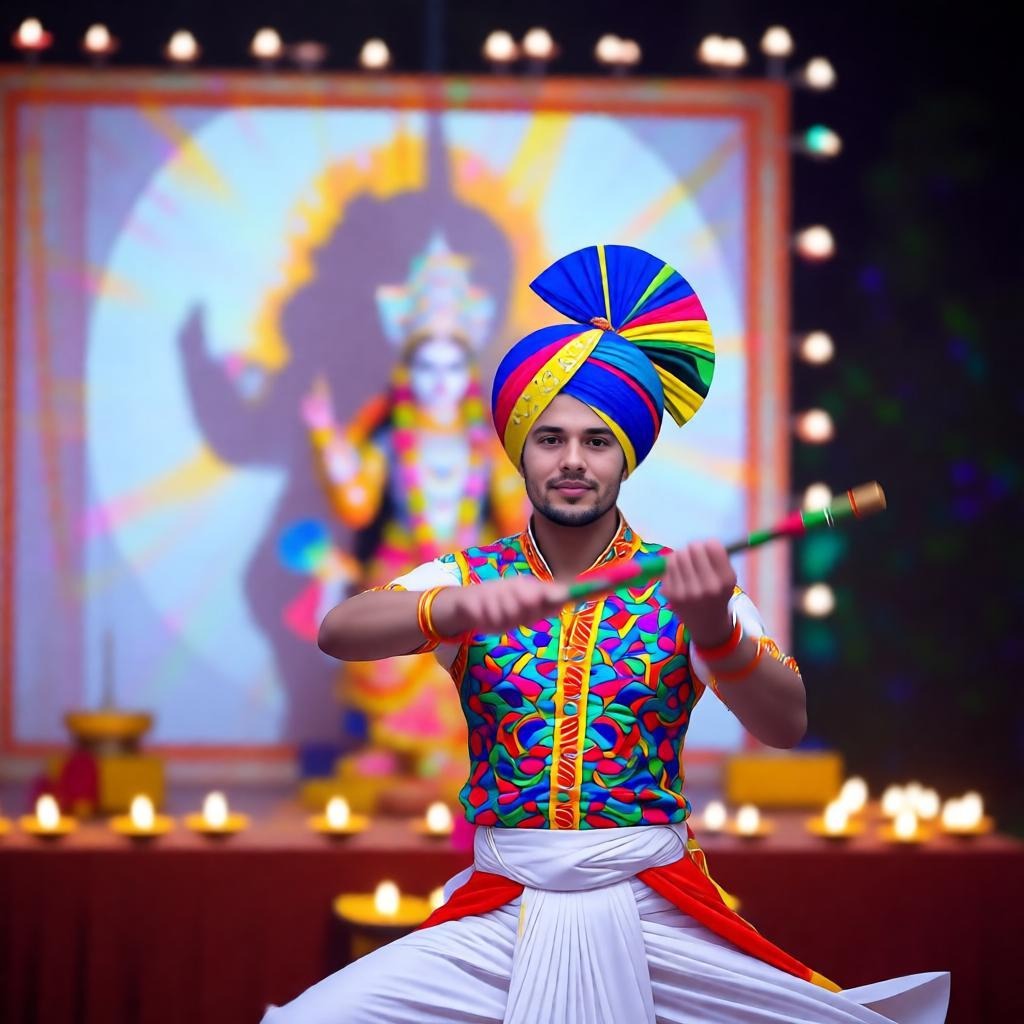 Indian Garba dancer performing dandiya dance during Navratri celebration.