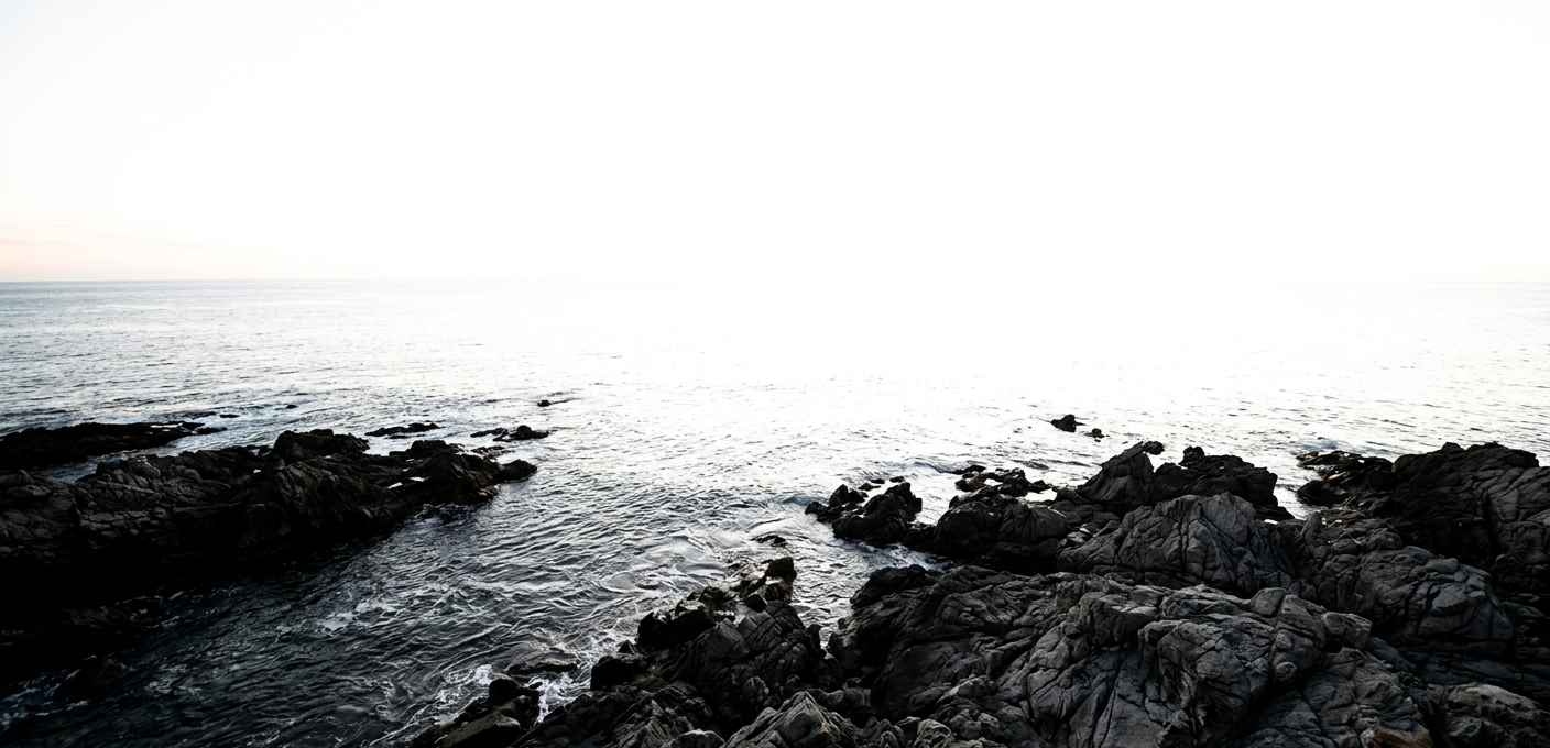 High-contrast coastal photo showing "blown-out" highlights where the sky is pure white and missing all cloud and horizon detail.