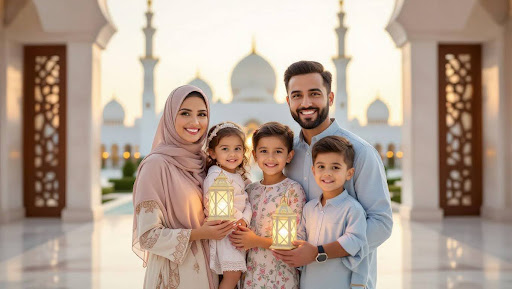Family portrait outside mosque entrance at sunset with lanterns.
