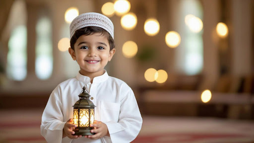 Little boy in white kurta holding lantern indoors.