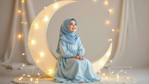 Little girl in blue dress sitting on crescent moon prop with lights.