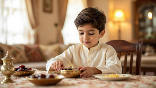 Young boy helping set iftar table in cream kurta.