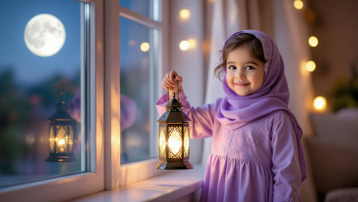 Little girl in lavender dress holding lantern near window with moon.