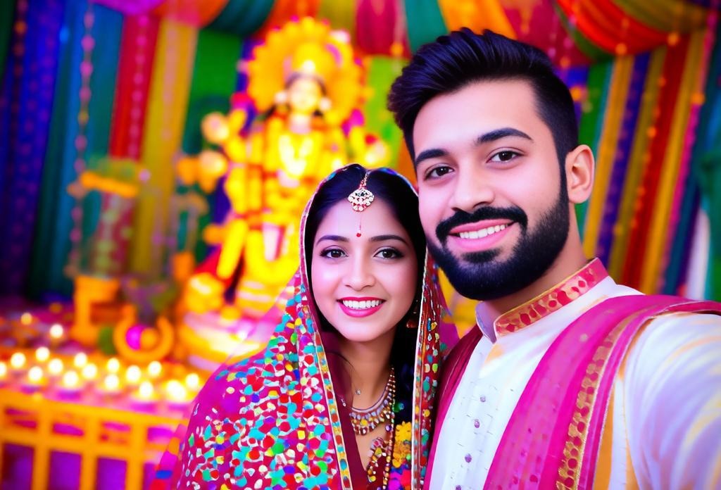 Young Indian couple taking a Navratri selfie with Durga idol behind.