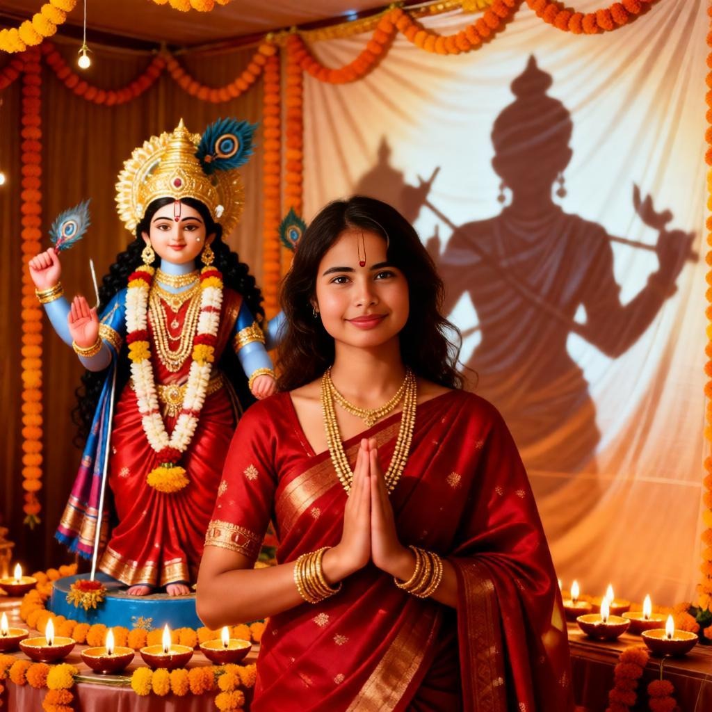 Indian woman praying near Durga Maa idol during Navratri.