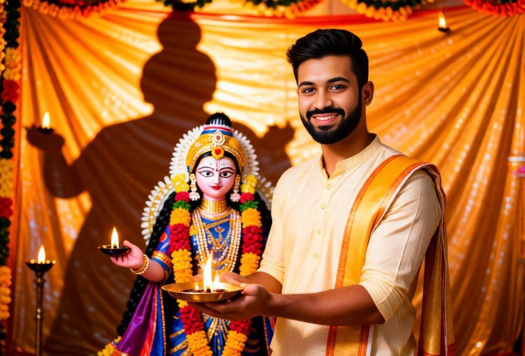 Indian devotee performing aarti with a diya in Navratri pandal.