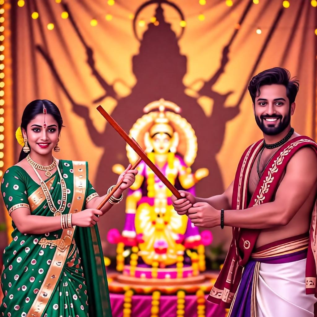 Indian couple performing dandiya raas dance during Navratri garba night.