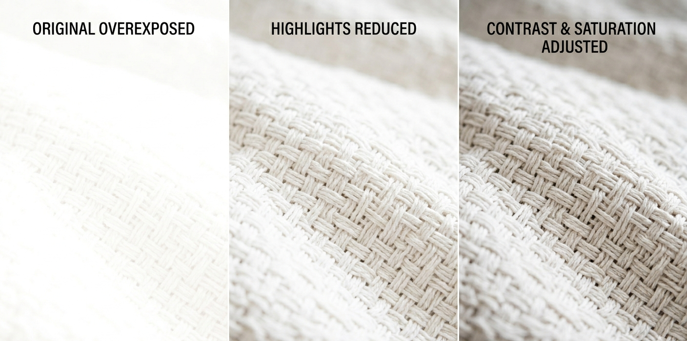 Three-panel edit: (Left) Flat white texture; (Middle) Recovered weave detail; (Right) Final deep, tactile texture with natural warmth.
