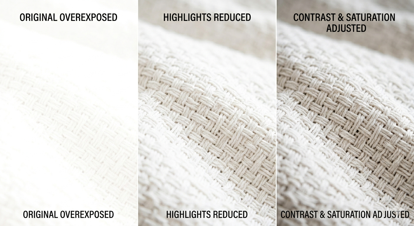 Three-panel edit: (Left) Flat white texture; (Middle) Recovered weave detail; (Right) Final deep, tactile texture with natural warmth.