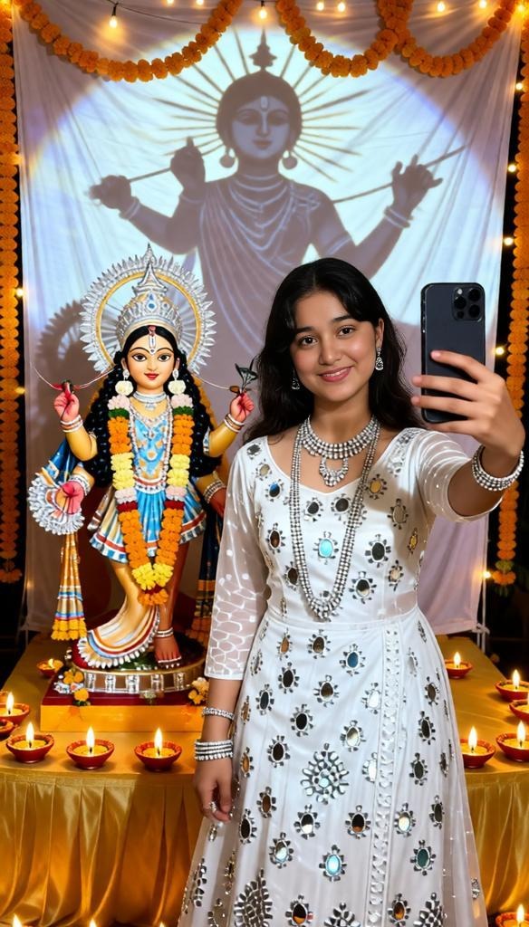 Indian girl taking Navratri selfie with Durga Maa idol in pandal.