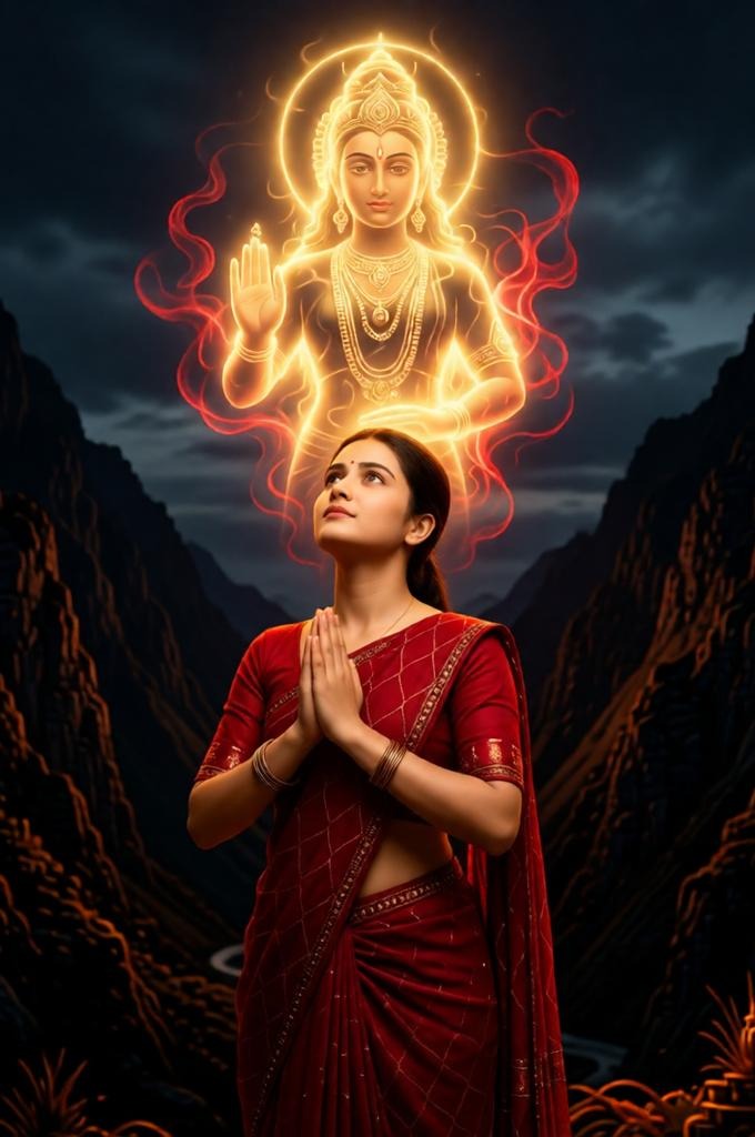 A girl is taking blessings from Durga Maa. 