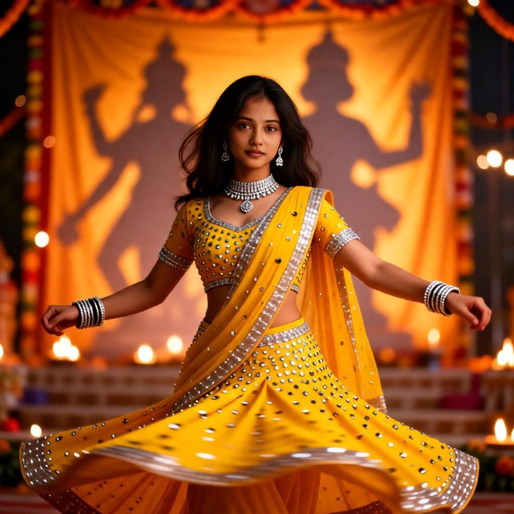 Indian Garba dancer spinning in a yellow lehenga during Navratri.