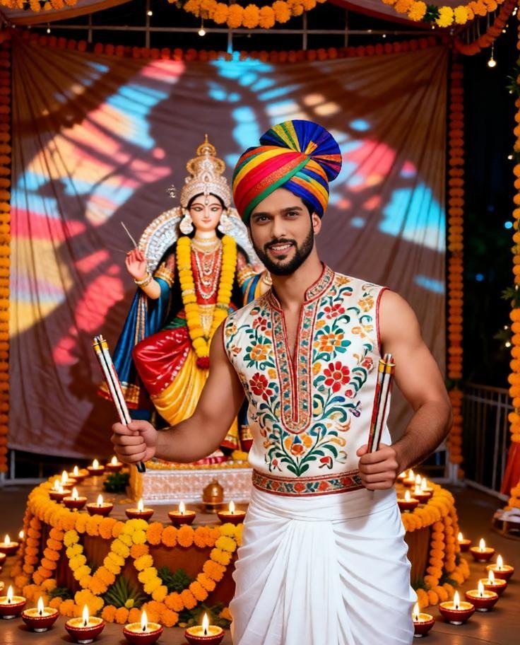 An Indian man holding dandiya sticks in a decorated Navratri pandal.