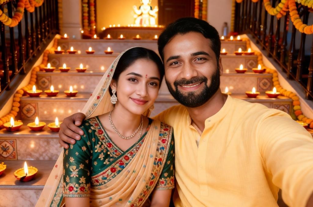 Young Indian couple sitting on decorated steps during Navratri night.