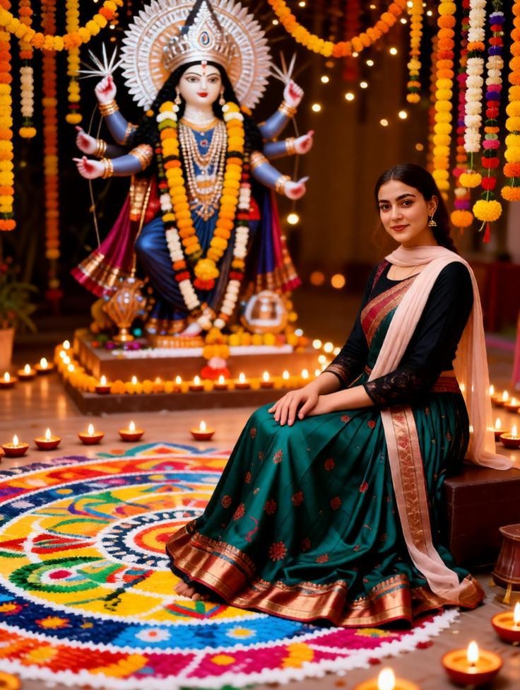 Young Indian woman sitting near colorful Navratri rangoli.