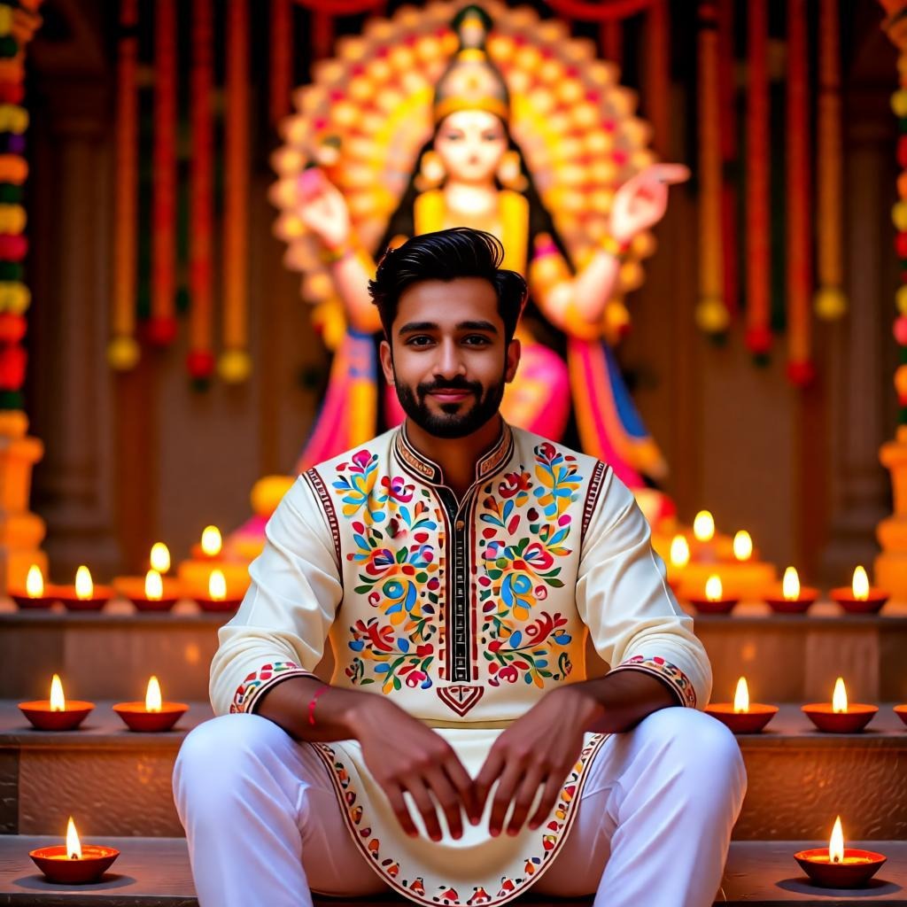 Young Indian man sitting on steps with diyas during Navratri.