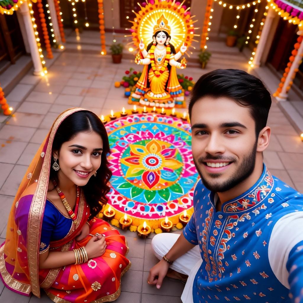 Indian couple taking a selfie beside Navratri rangoli and diyas.