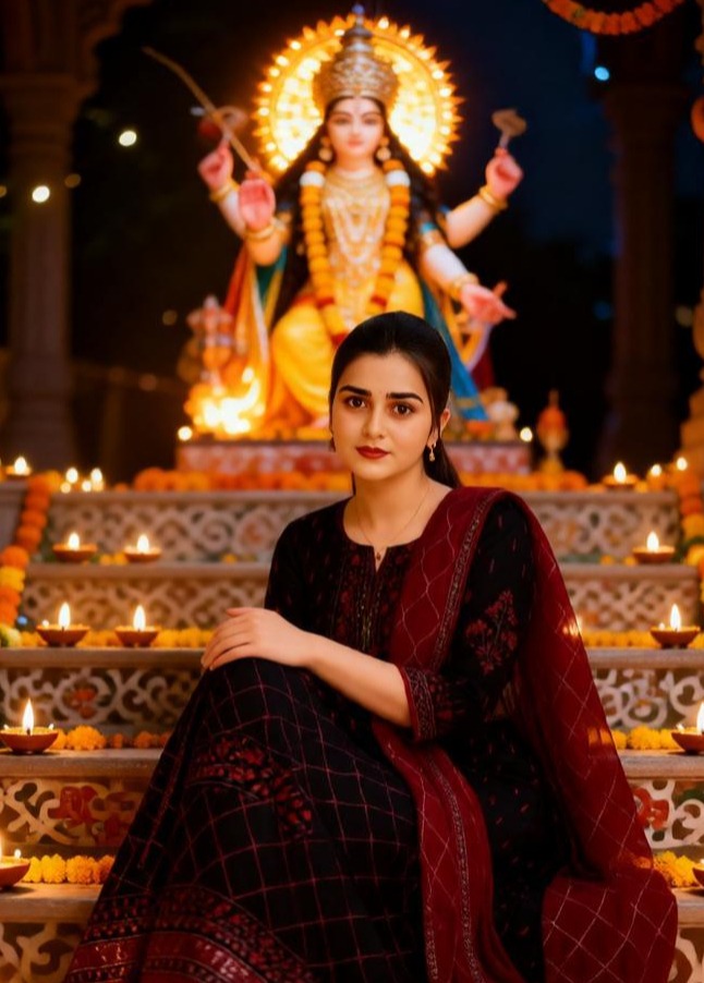 Young Indian woman sitting on decorated Navratri steps with diyas.
