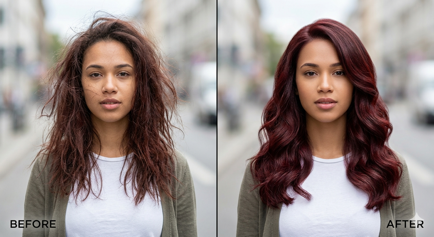 Before and after comparison of a woman with frizzy hair transformed into polished, voluminous dark mahogany waves.