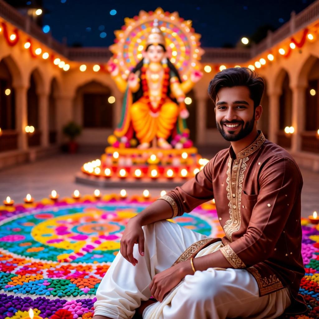 Young Indian man sitting beside colorful Navratri rangoli.