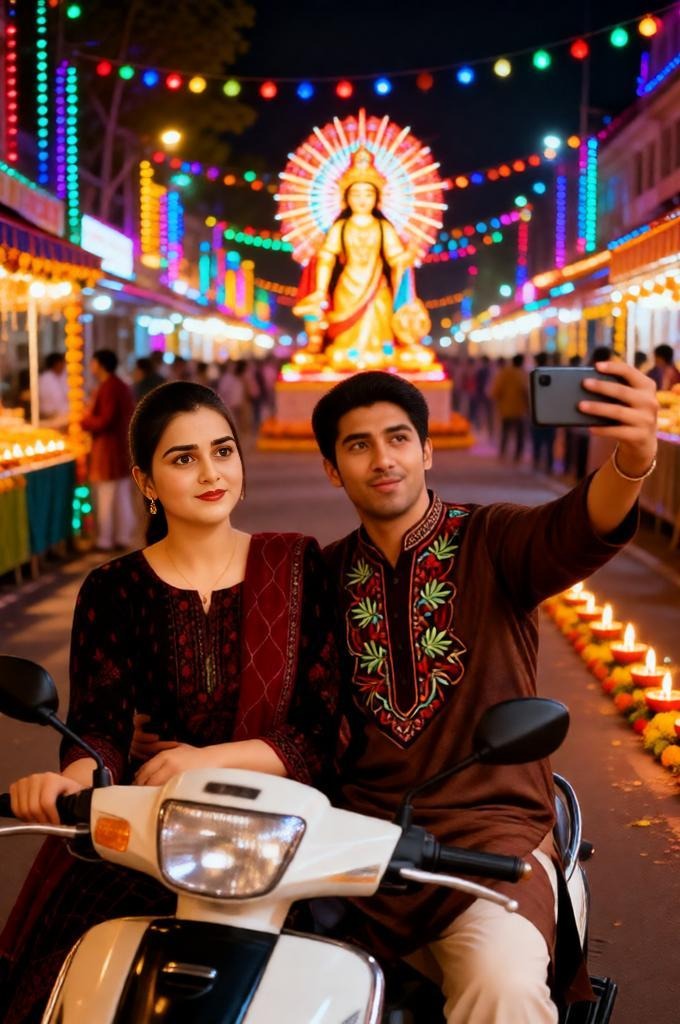 An Indian couple takes a selfie on a scooter during the Navratri street celebration.