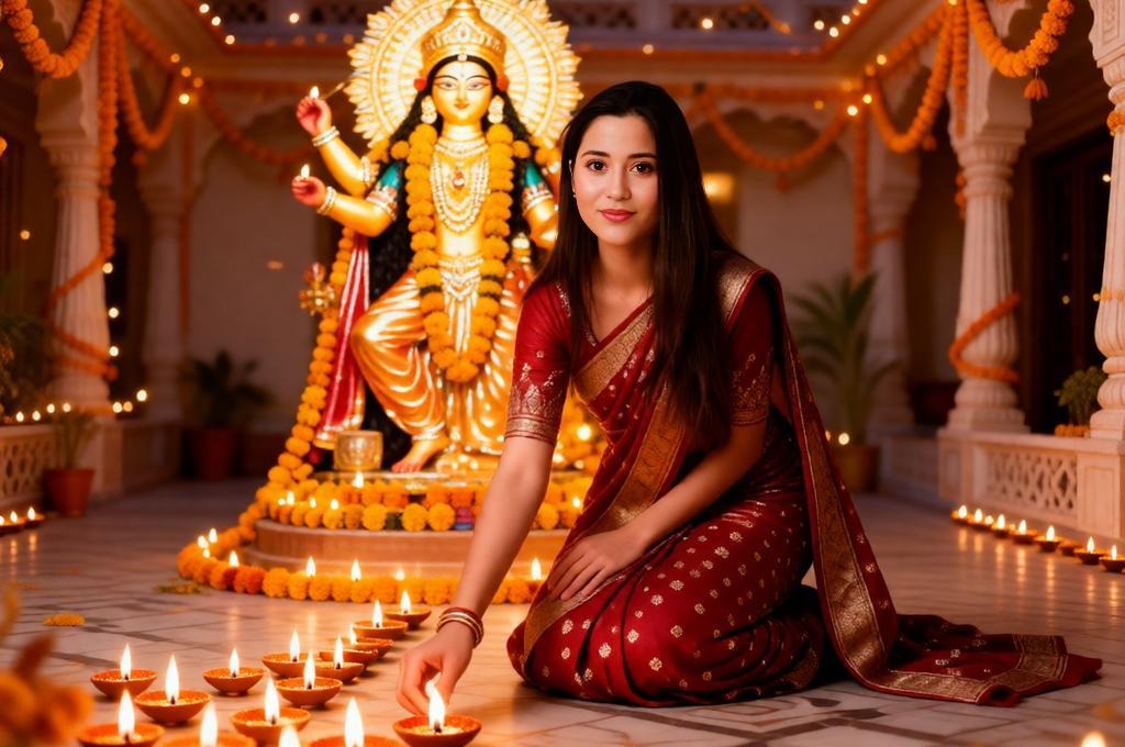 Young Indian woman lighting diyas in the Navratri courtyard.