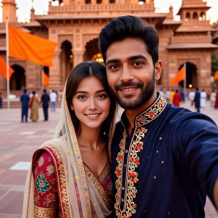An Indian couple takes a selfie in the Ayodhya Ram Mandir temple courtyard.
