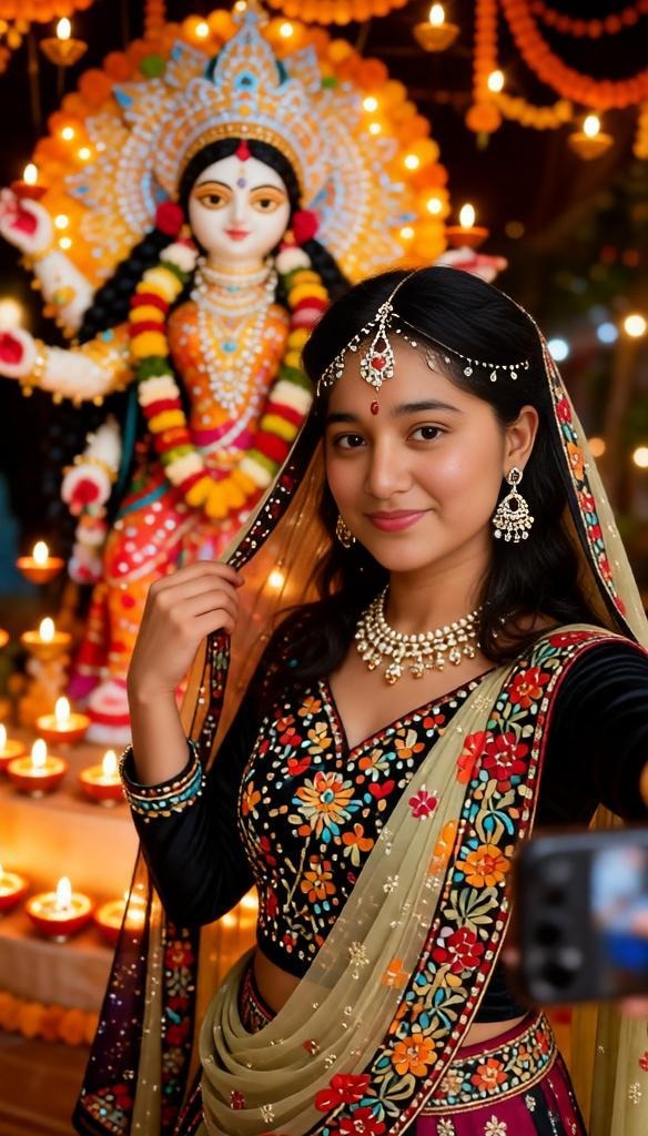 Young Indian woman taking a Navratri selfie with Durga idol behind.