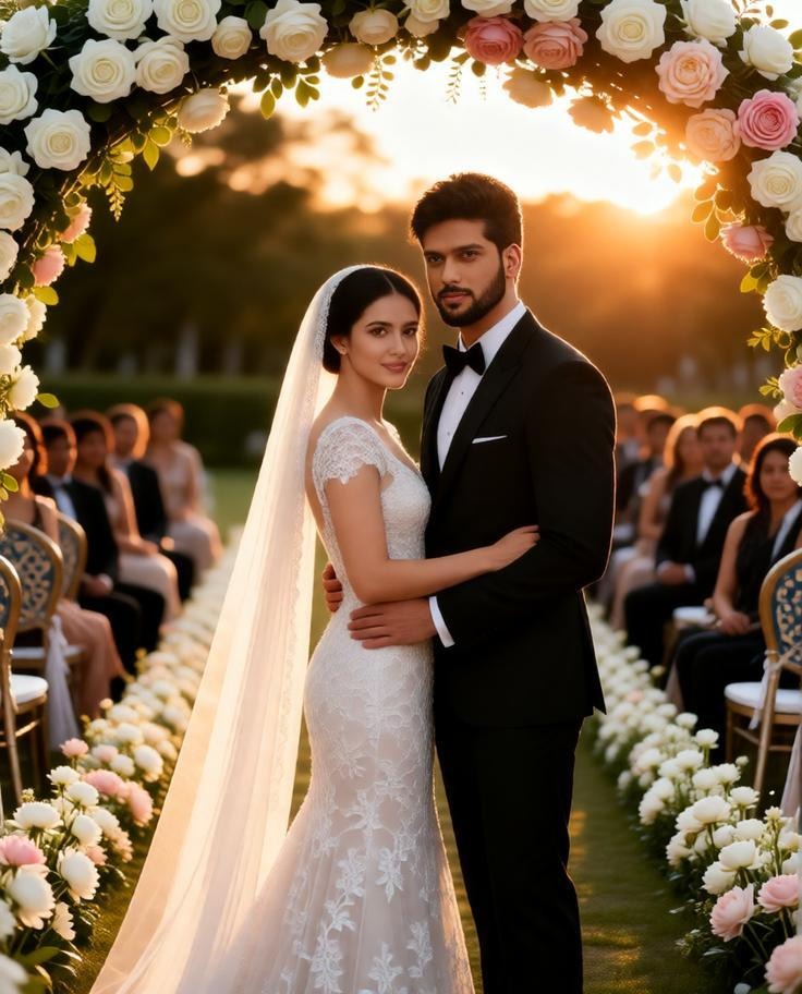 outdoor wedding ceremony under a floral arch.