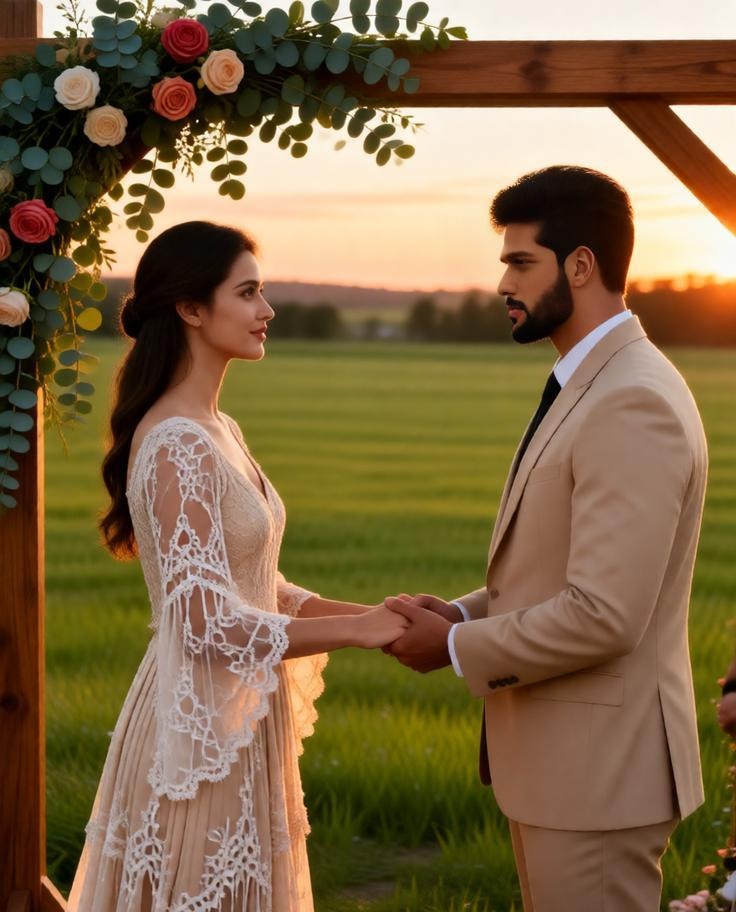 man and woman holding hand countryside outdoor wedding ceremony.