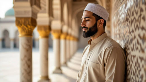 Young man in beige kurta standing near mosque arches after prayers
