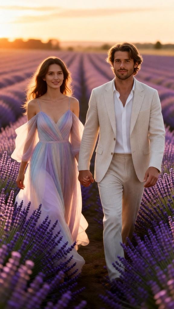 couple holding hands together in their pre-wedding photoshoot in a lavender field.couple holding hands together in their pre-wedding photoshoot in a lavender field.