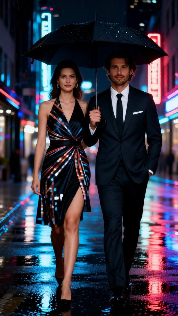 city night pre-wedding photoshoot of a couple with an umbrella.