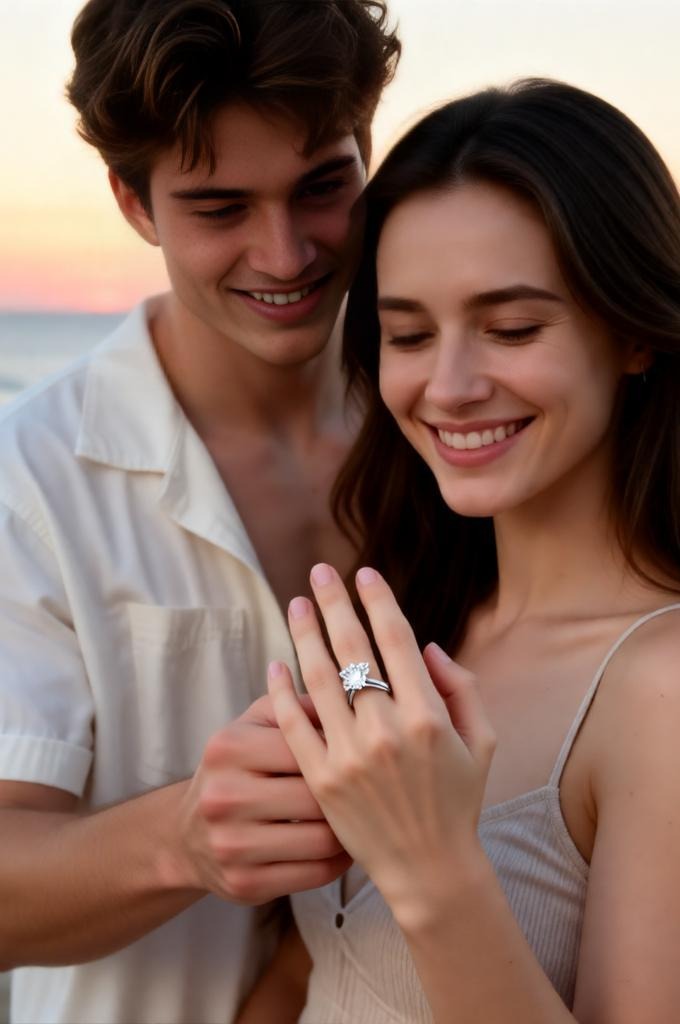 couple showing engagement ring on the beach.couple showing engagement ring on the beach.