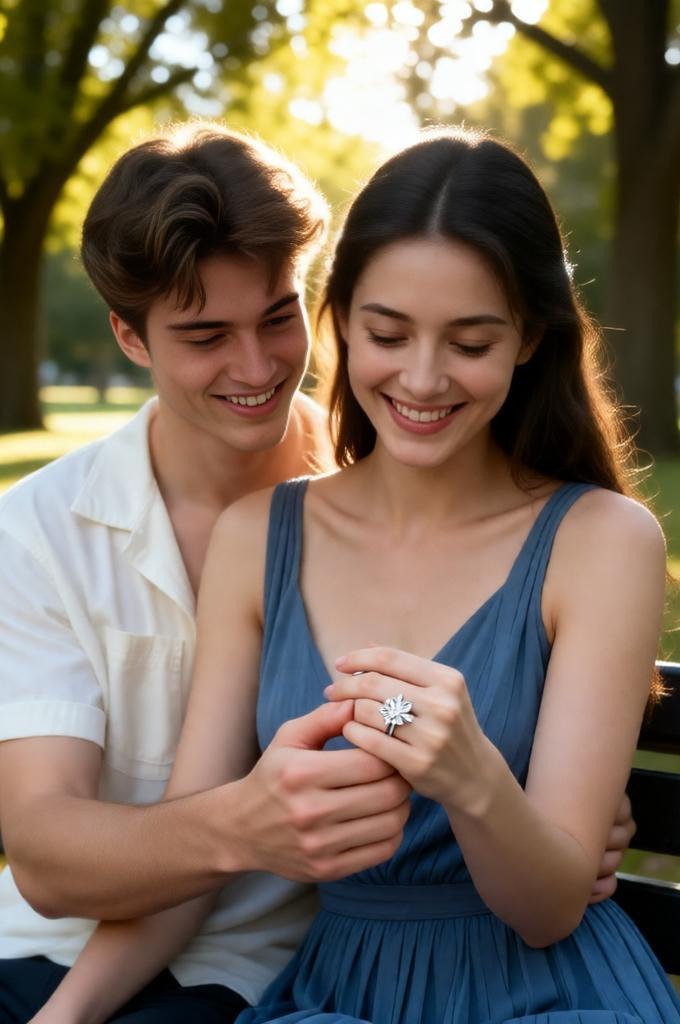 couple showing engagement ring on park bench.