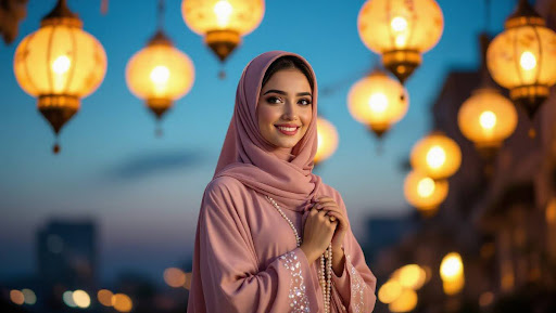 Young woman in pastel pink abaya under glowing Ramadan lanterns.