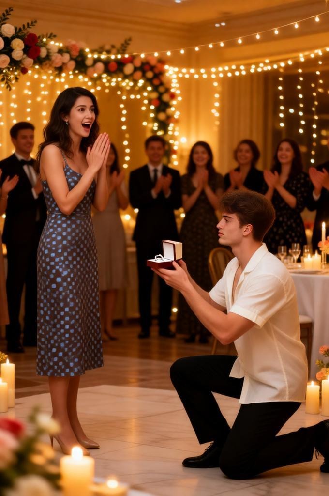 indoor proposal with a man kneeling and a ring.