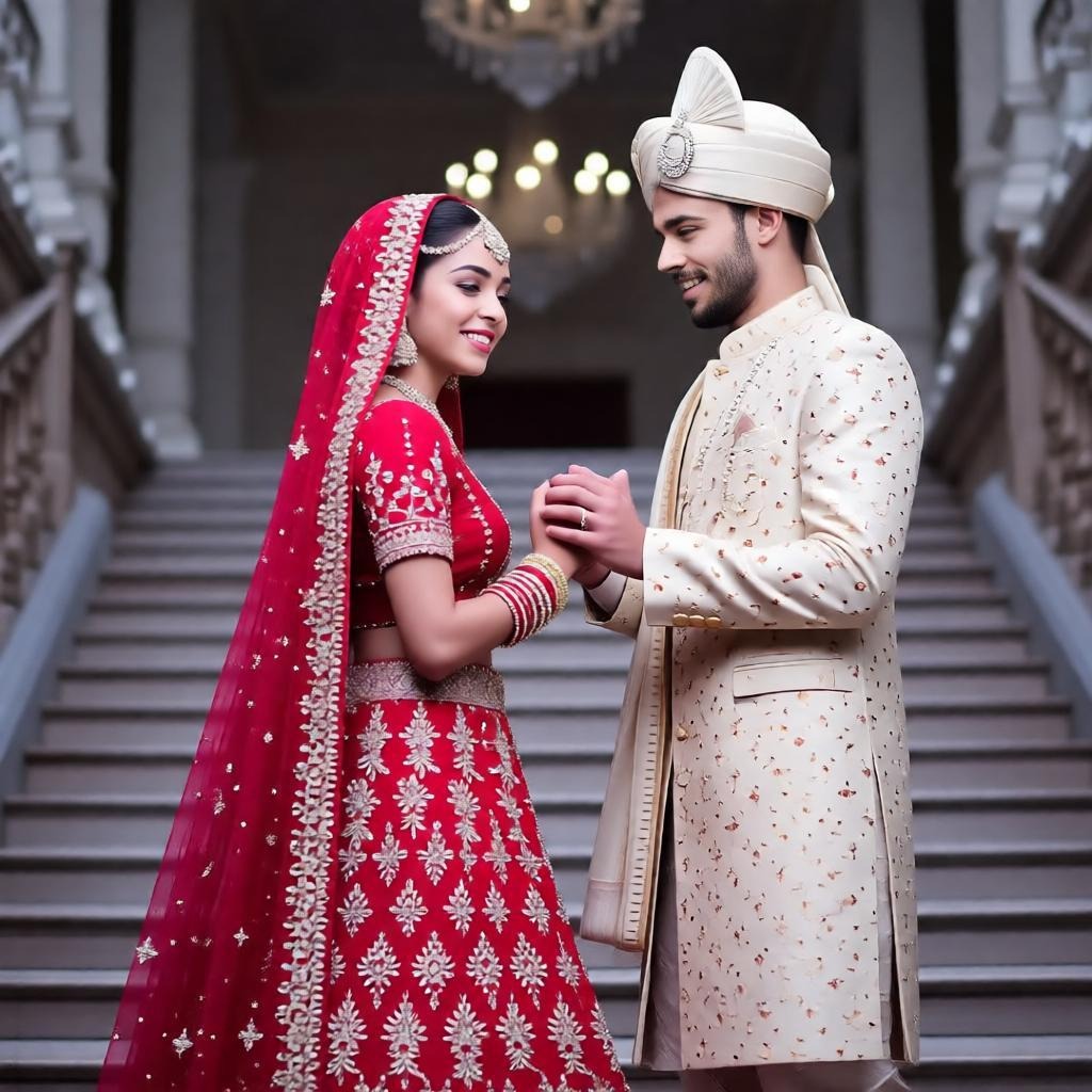  royal Indian wedding couple on palace staircase.