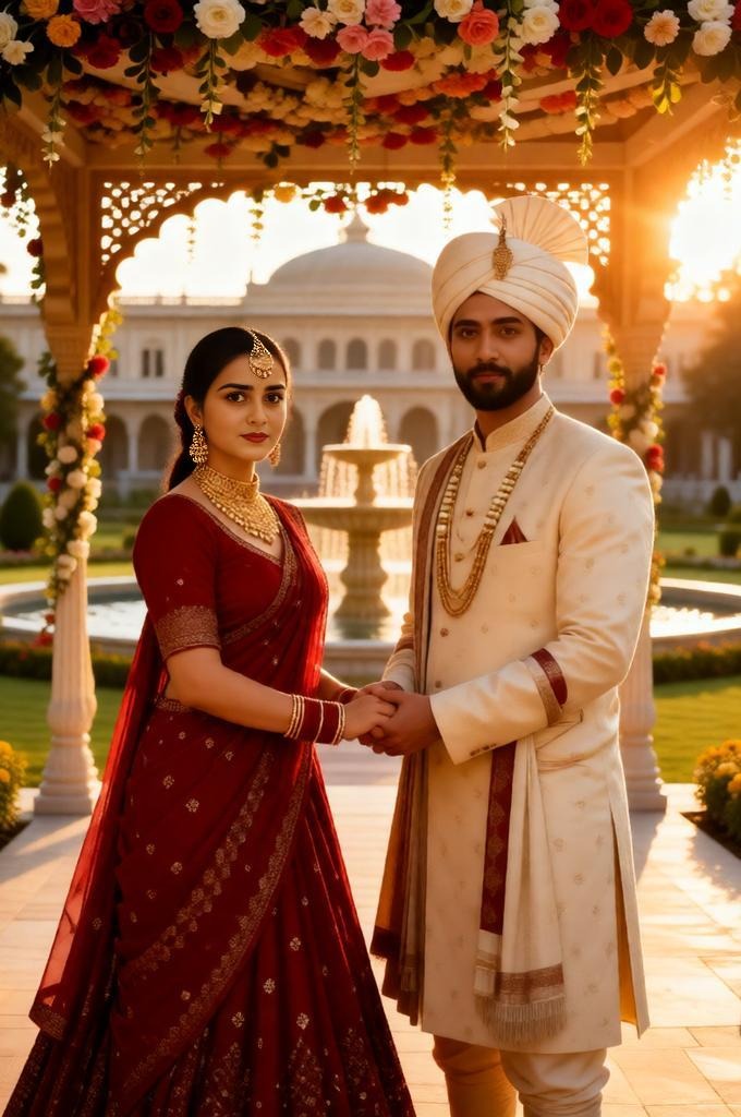 Indian wedding couple under a floral mandap.