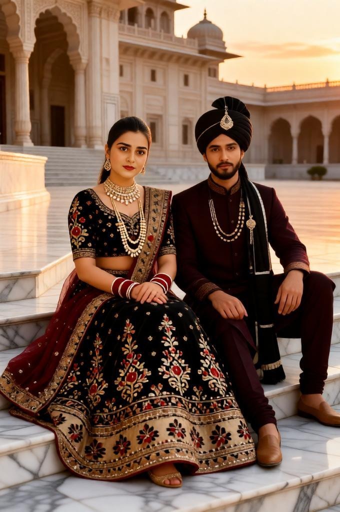 royal Indian couple sitting on palace steps.